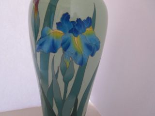 Antique Japanese Cloisonne Vase Meiji Era Purple Blue Iris Flower celadon green 3