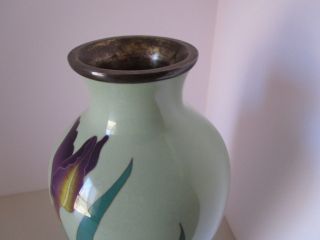 Antique Japanese Cloisonne Vase Meiji Era Purple Blue Iris Flower celadon green 5
