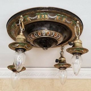 658b Vintage 1910s 20 ' s Ceiling fixture art nouveau brass chandelier 4 Lights 2