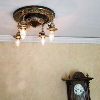 658b Vintage 1910s 20 ' s Ceiling fixture art nouveau brass chandelier 4 Lights 3
