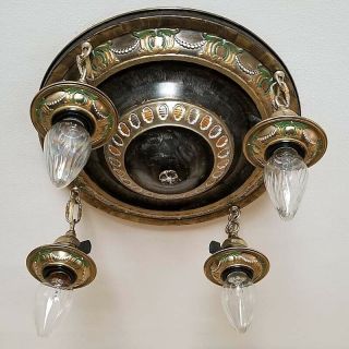658b Vintage 1910s 20 ' s Ceiling fixture art nouveau brass chandelier 4 Lights 5