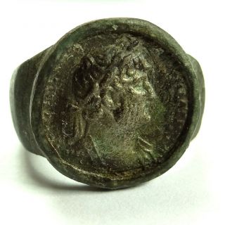 Roman Ancient Artifact Bronze And Silver Ring With Emperor Hadrianus
