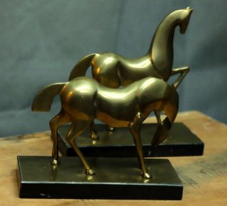 Art Deco Style Cast Brass Horse Bookends On Marble Vg Antique
