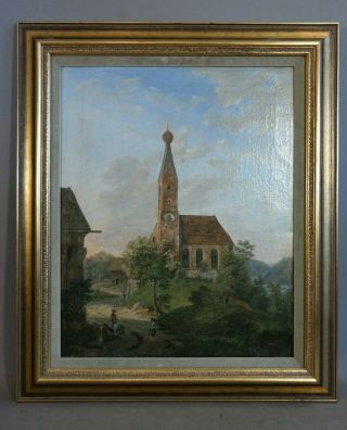 19thc Antique Victorian Era Church Steeple Old Colonial Town Landscape Painting