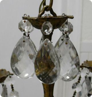 ANTIQUE VTG BRASS FRENCH PETITE CHANDELIER CZECH CRYSTALS CHAIN AND PRISMS 2