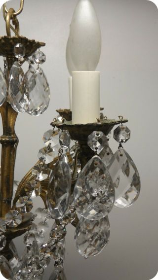 ANTIQUE VTG BRASS FRENCH PETITE CHANDELIER CZECH CRYSTALS CHAIN AND PRISMS 5