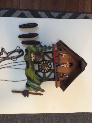 Vintage 1969 Germany Chalet Musical Cuckoo Clock With Wood Choppers Animated