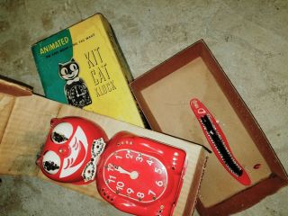 Vintage 1950s - 60s Kit Cat Clock Jewled Red Includes Box & Slip