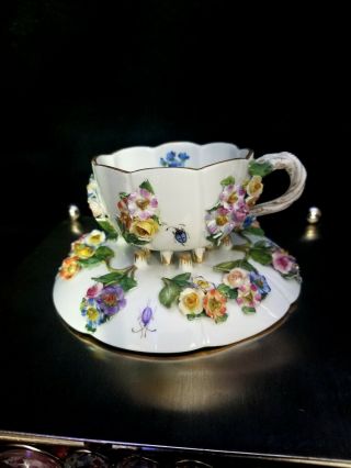 Meissen Flower / Floral Encrusted Tea Cup And Saucer Circa 1870