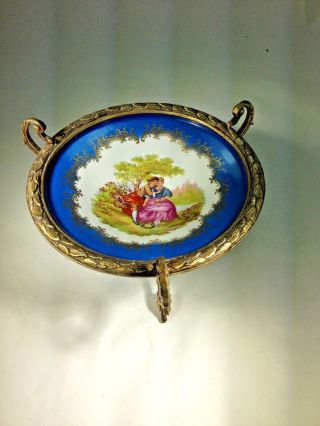 Antique French Porcelain Compote & Tray Dore Bronze Artist Fragonard Signed 8