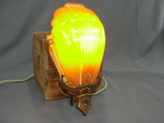 Rare Art Deco Era Markel Light Lamp Sconce Peach Iridescent Shade Iron 2