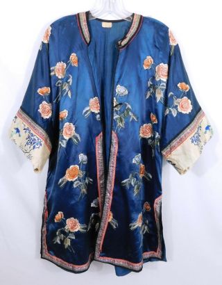 Antique Chinese Embroidered Blue Silk Robe - Floral - Bird Butterfly Cuffs