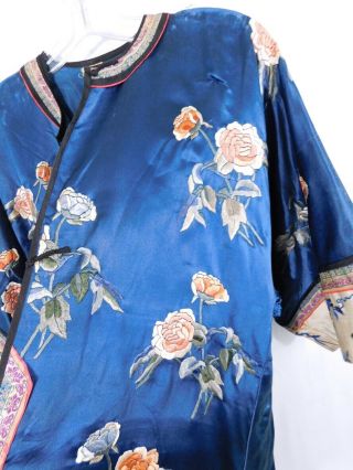Antique Chinese Embroidered Blue Silk Robe - Floral - Bird Butterfly Cuffs 2