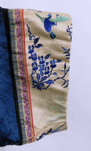 Antique Chinese Embroidered Blue Silk Robe - Floral - Bird Butterfly Cuffs 4