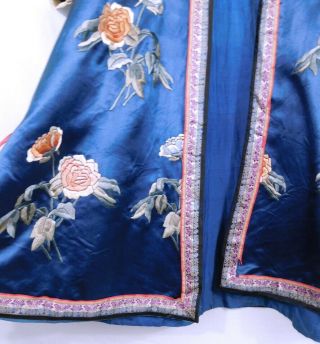 Antique Chinese Embroidered Blue Silk Robe - Floral - Bird Butterfly Cuffs 5