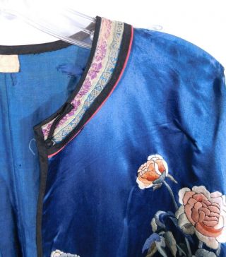 Antique Chinese Embroidered Blue Silk Robe - Floral - Bird Butterfly Cuffs 6
