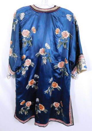 Antique Chinese Embroidered Blue Silk Robe - Floral - Bird Butterfly Cuffs 7
