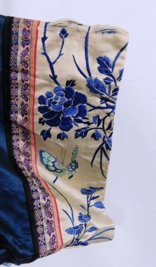 Antique Chinese Embroidered Blue Silk Robe - Floral - Bird Butterfly Cuffs 8