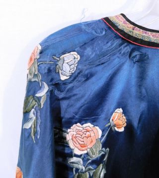 Antique Chinese Embroidered Blue Silk Robe - Floral - Bird Butterfly Cuffs 9