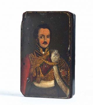 British Military Officer Portrait Lacquer - Ware Snuff Box Ca.  Early 19th Century