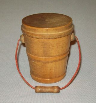 Old Antique Vtg 19th C 1870s Miniature Turned Maple Wooden Bucket Or Pail W/ Lid