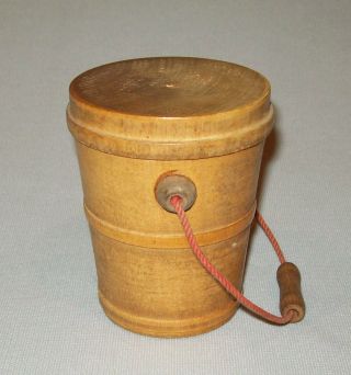 Old Antique Vtg 19th C 1870s Miniature Turned Maple Wooden Bucket or Pail W/ Lid 2