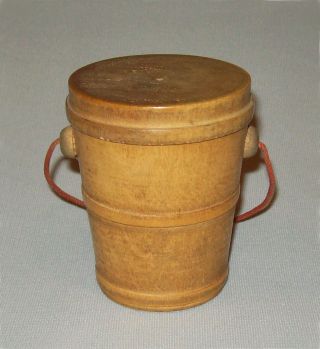 Old Antique Vtg 19th C 1870s Miniature Turned Maple Wooden Bucket or Pail W/ Lid 3