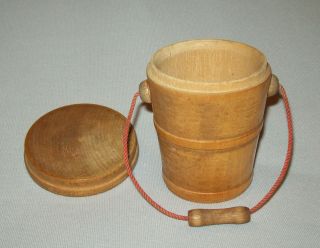 Old Antique Vtg 19th C 1870s Miniature Turned Maple Wooden Bucket or Pail W/ Lid 7