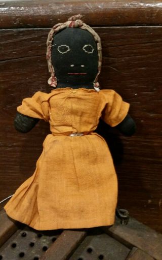 Small Old Primitive Antique Black Doll.  Early Textile.  Homespun Clothes.  Aafa