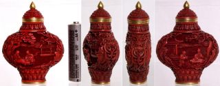 Superbly Carved Cinnabar Red Lacquer Snuff Bottle - Scholars Lion Masks Ql Mark
