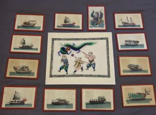 Antique Chinese Paintings Junks,  Boats,  Character,  Set 12,  1 Watercolor Rice Paper