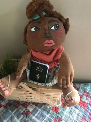 Primitive Black Folk Art Doll Bossy Becky Hand Painted 15 Inch