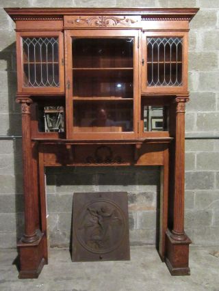 Antique Carved 1/4 Sawn Oak Fireplace Mantel Leaded Cabinet Doors 60 X 87