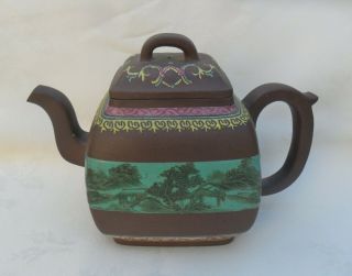 Antique Chinese Yixing Zisha Teapot With Enamel Painted Scene To Central Band