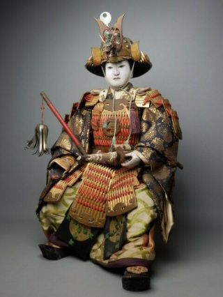 Japanese Antique Meiji Musha Ningyo Samurai Doll Kabuto Yoroi Saihai Dragon Nr