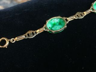 Antique Vintage Chinese Brilliant Green Carved Jade 14k bracelet 3