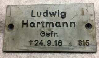 Germany World War One Grave Marker Name Plate - Ludwig Hartmann - Gefr.