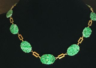 Vintage Antique Chinese Art Deco Style Carved Green Jade 14k Necklace Choker
