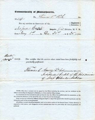 1854,  Colonel Thomas Amory,  Signed Pay Order,  Salem Mass.  Independent Cadets
