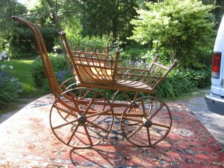 Antique Pram Wicker Doll Baby Buggy Carriage Small Size Victorian Wood Wheels