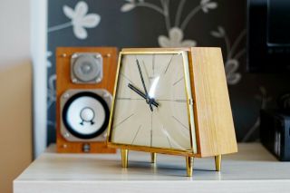 HERMLE Wall Clock - unique Art Deco Bauhaus 60s Wood Brass collectible 3