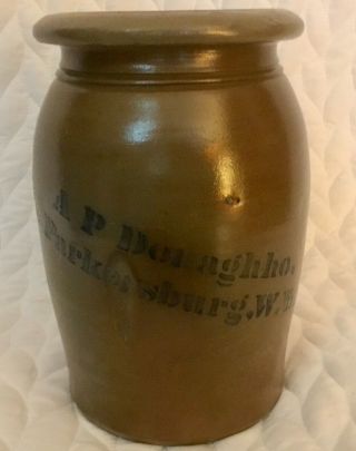 Antique Salt Glazed Stoneware Canning Jar,  A.  P.  Donaghhoe,  Parkersburg,  W Va