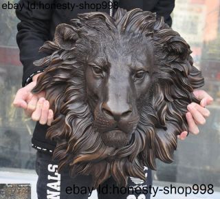 16 " Huge Chinese Fengshui Bronze Animal Ferocious Lion Head Wall Hanging Statue