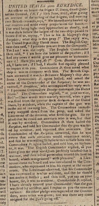 HISTORIC 1811 NEWSPAPER - COMMODORE DECATUR BLASTS HOLE IN HMS EURYDICE ACCIDENT 2