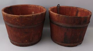 4 Antique England Wooden Maple Syrup Sap Buckets Red Paint 11