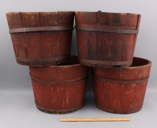 4 Antique England Wooden Maple Syrup Sap Buckets Red Paint