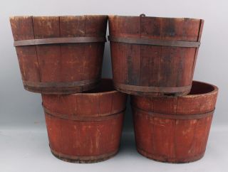 4 Antique England Wooden Maple Syrup Sap Buckets Red Paint 2