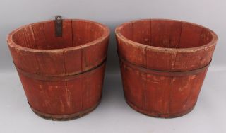 4 Antique England Wooden Maple Syrup Sap Buckets Red Paint 3