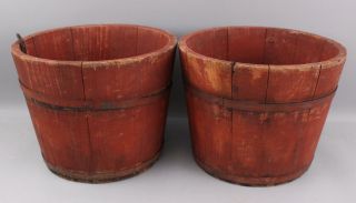 4 Antique England Wooden Maple Syrup Sap Buckets Red Paint 5