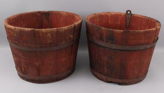 4 Antique England Wooden Maple Syrup Sap Buckets Red Paint 8